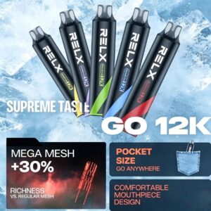 RELX GO 12K、12000口可充电雾化设备、Mega Mesh网状雾化、风味提升30%，提供3%、5%双尼古丁选择，全线基底搭载凉感，覆盖碳酸汽水、热带鲜果、复合浆果、草本薄荷四大品类，淡冰到劲凉梯度区分，酸甜清爽口感全覆盖。